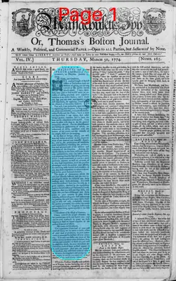 Page thumbnail for The Massachusetts Spy, Or, Thomas's Boston Journal