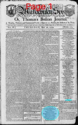 Page thumbnail for The Massachusetts Spy, Or, Thomas's Boston Journal